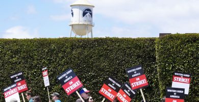 FILE - Striking writers take part in a rally in front of Paramount Pictures studio, Tuesday, May 2, 2023, in Los Angeles. A tentative deal was reached, Sunday, Sept. 24, 2023, to end Hollywood’s writers strike after nearly five months. (AP Photo/Chris Pizzello, File)